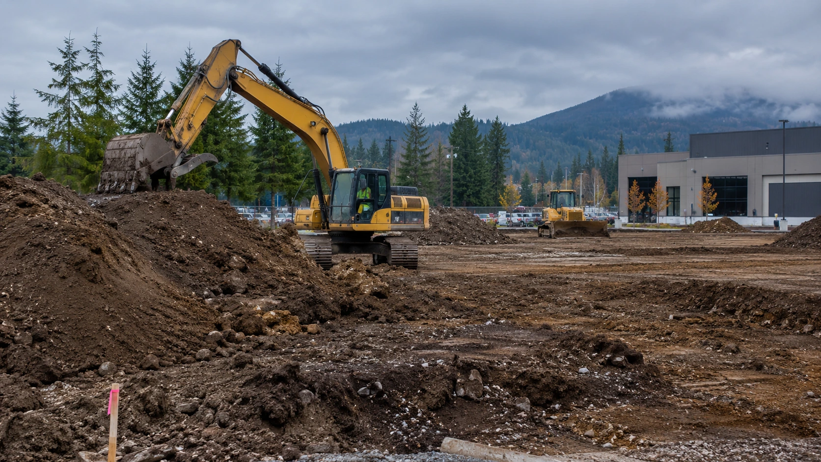 Excavator clearing soil and shaping a commercial parking lot construction site