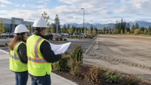Commercial parking lot expansion area being planned beside an existing paved parking lot