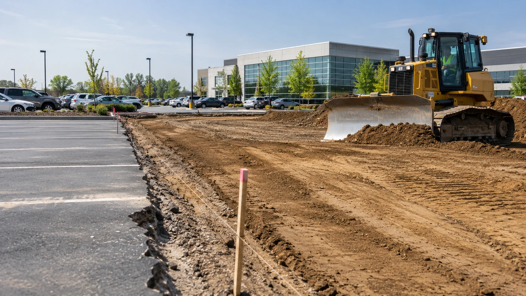 Excavator grading soil for a commercial parking lot expansion project
