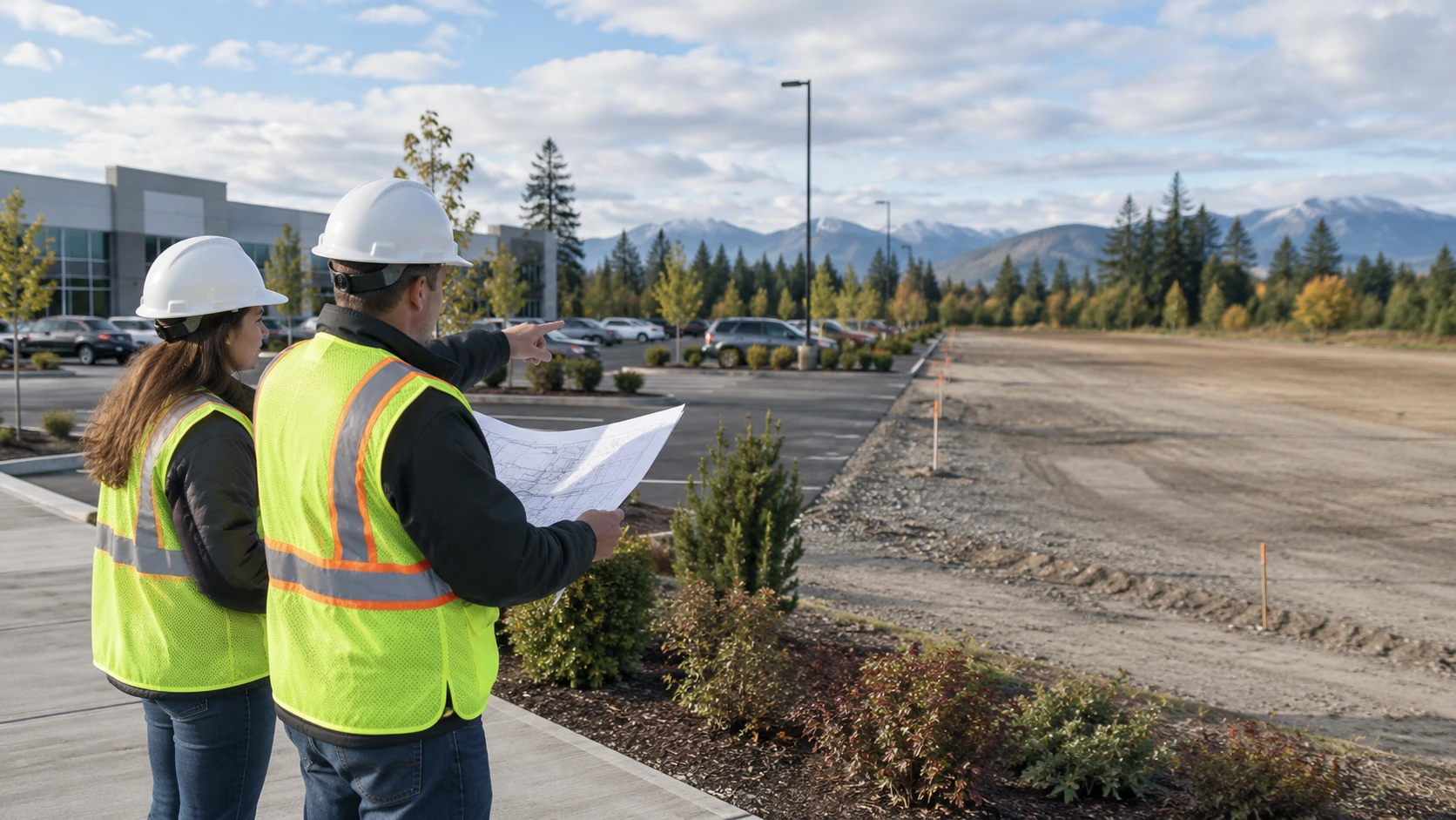 Commercial parking lot expansion area being planned beside an existing paved parking lot