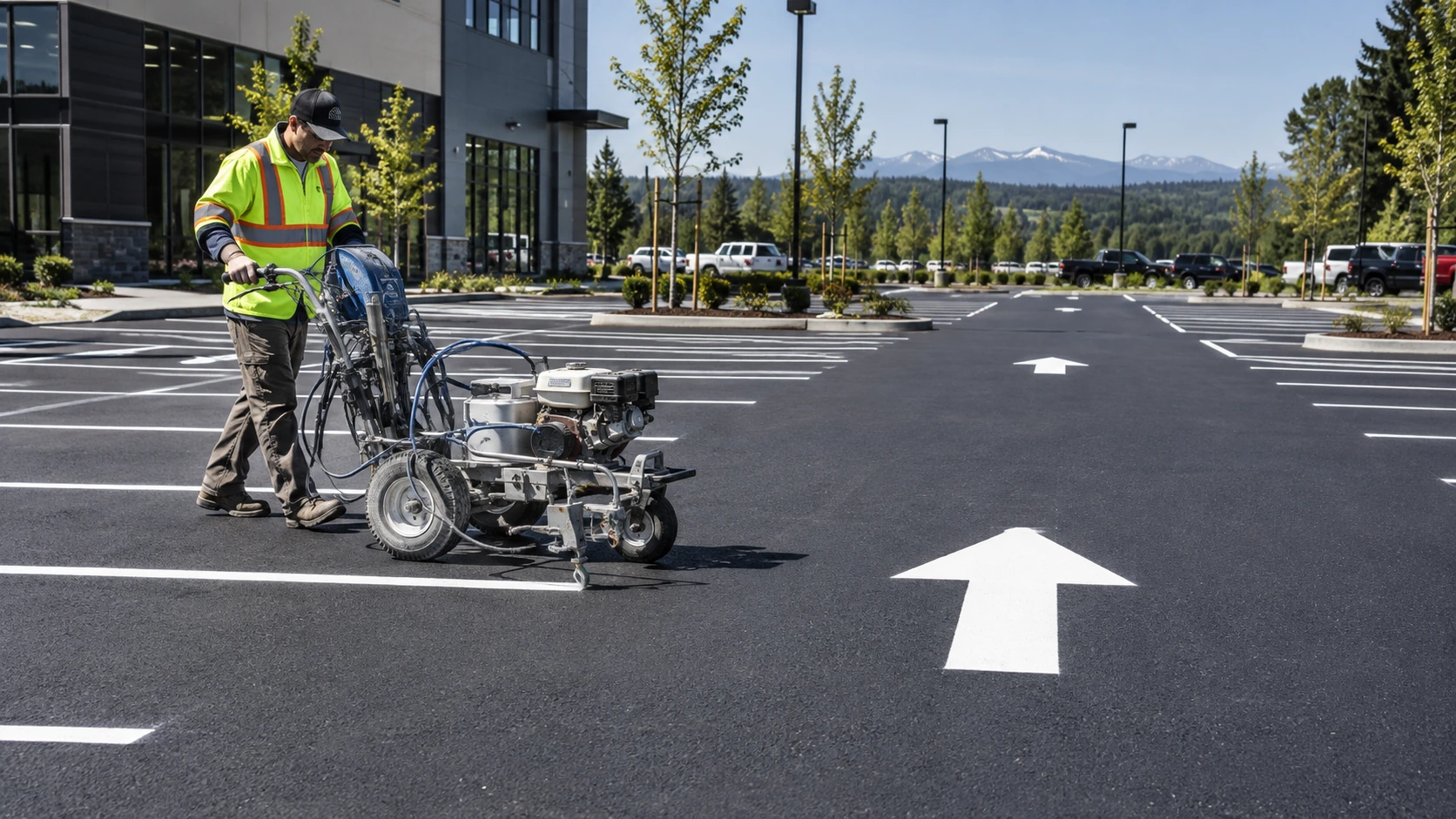 Striping technician applying fresh parking lines and directional arrows to a new commercial parking lot