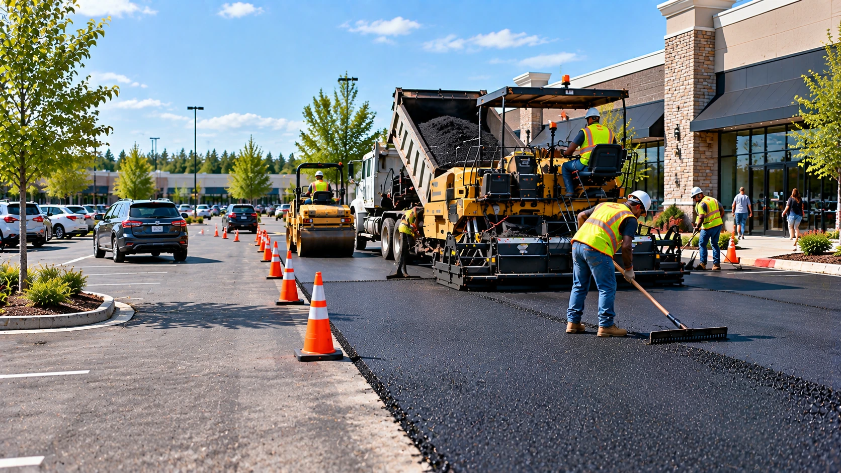 Commercial parking lot paving phasing project with active business access maintained during asphalt construction