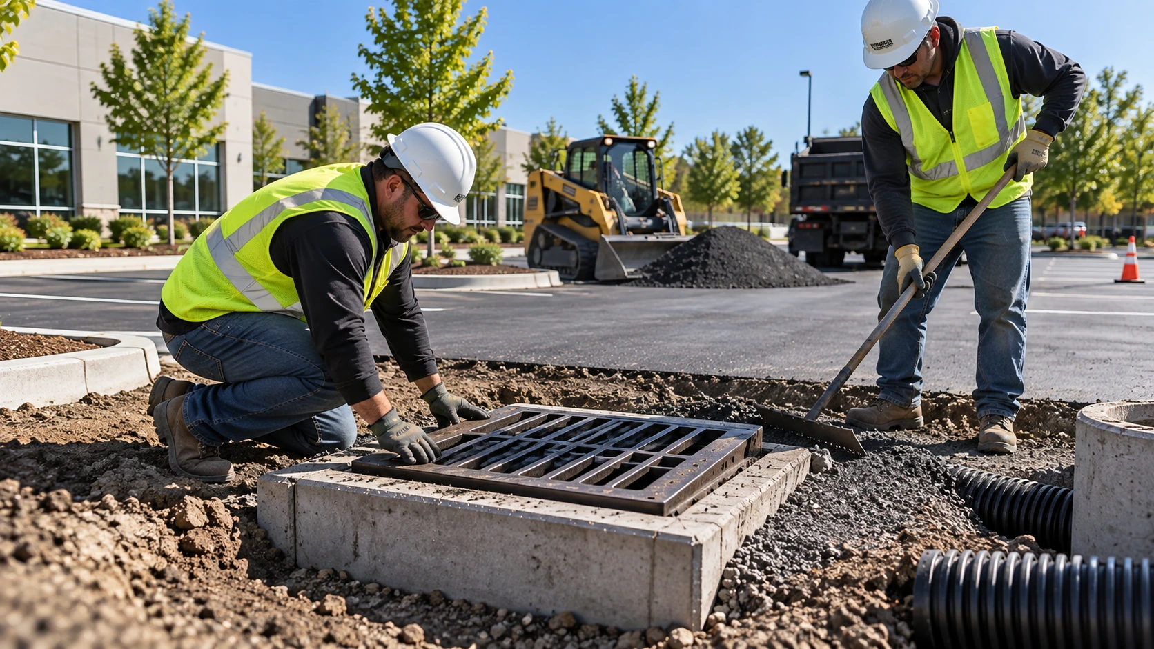 Asphalt crew installing fresh pavement with paver and dump truck at a commercial parking lot