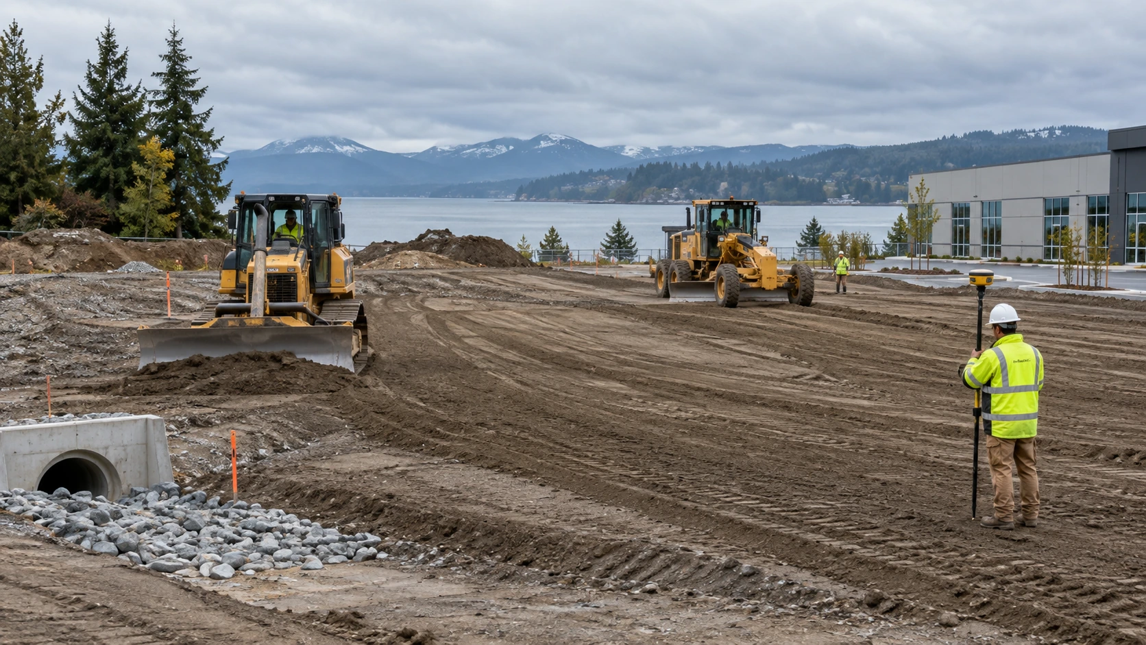 Heavy equipment grading a commercial parking lot site to establish proper drainage slopes