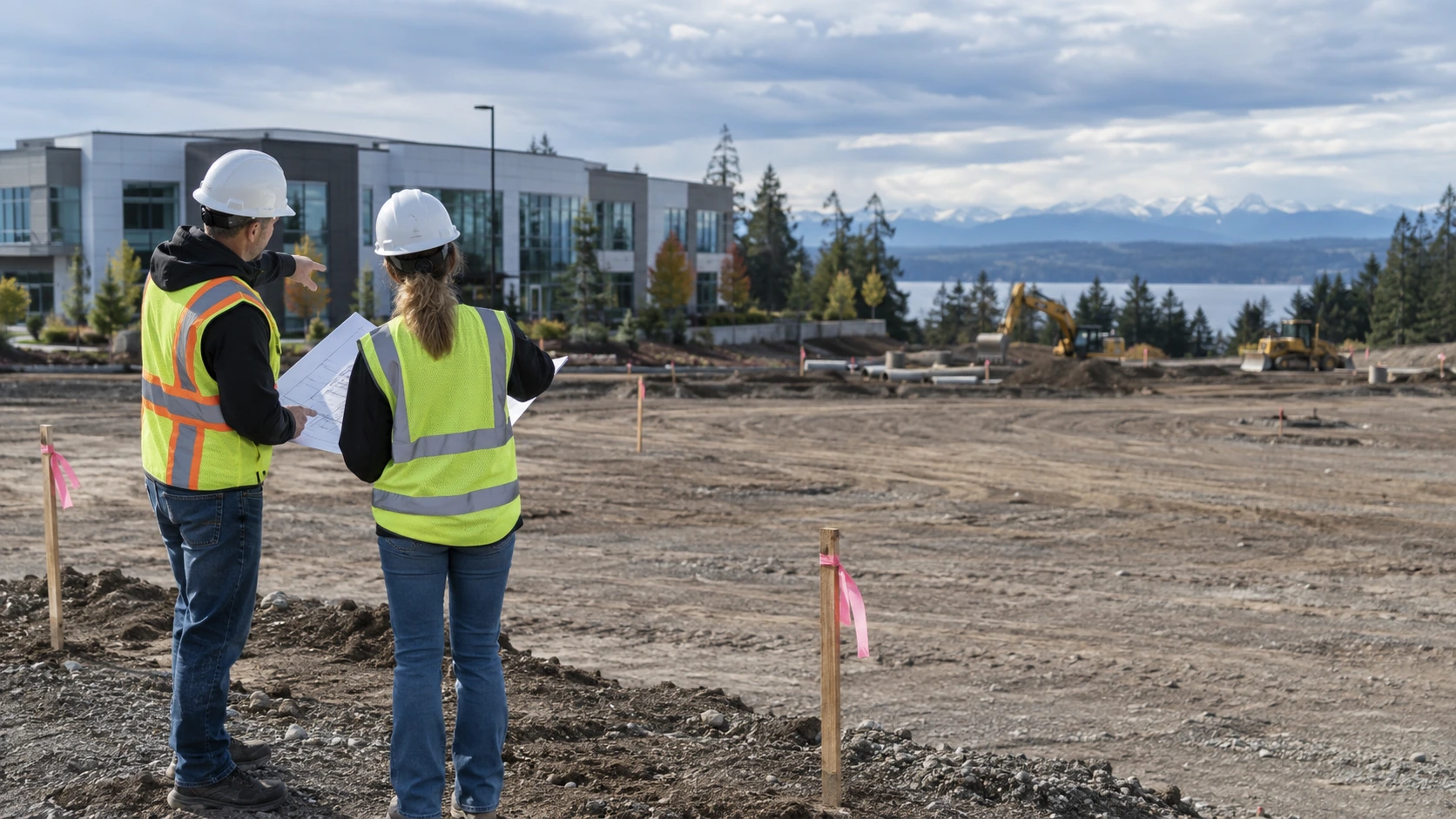 Construction team reviewing site plans at a cleared commercial parking lot job site before paving begins