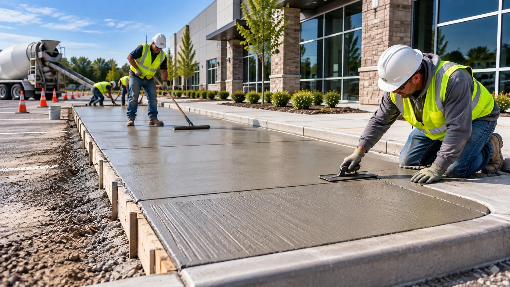 Construction workers installing a stormwater catch basin before parking lot paving