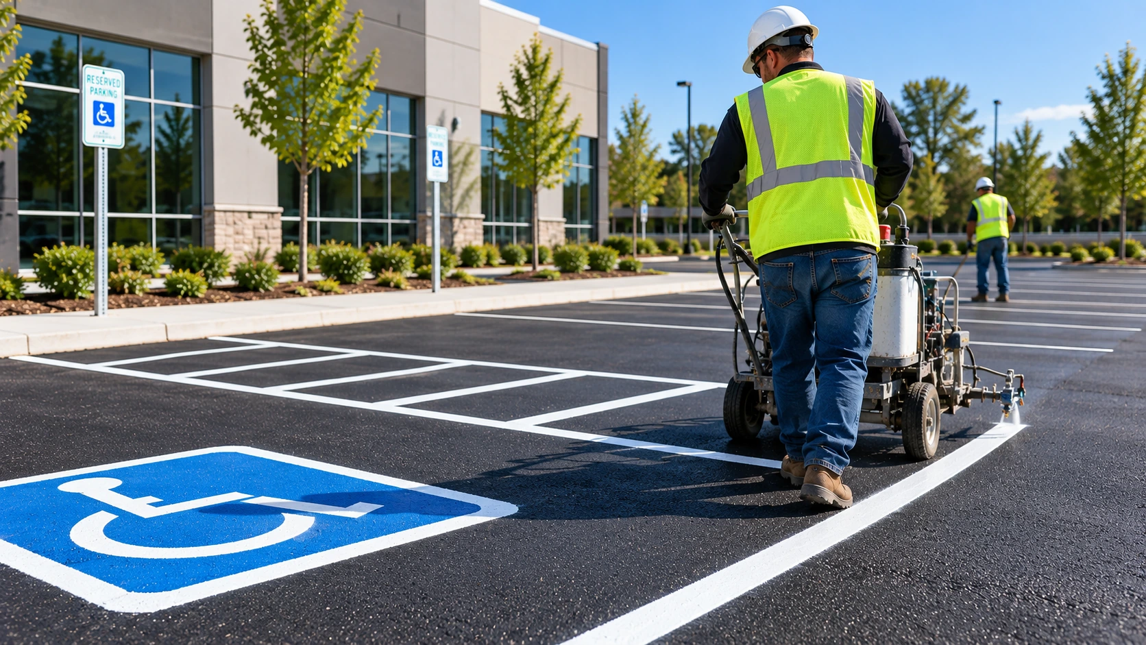 Worker striping a commercial parking lot with accessible parking markings