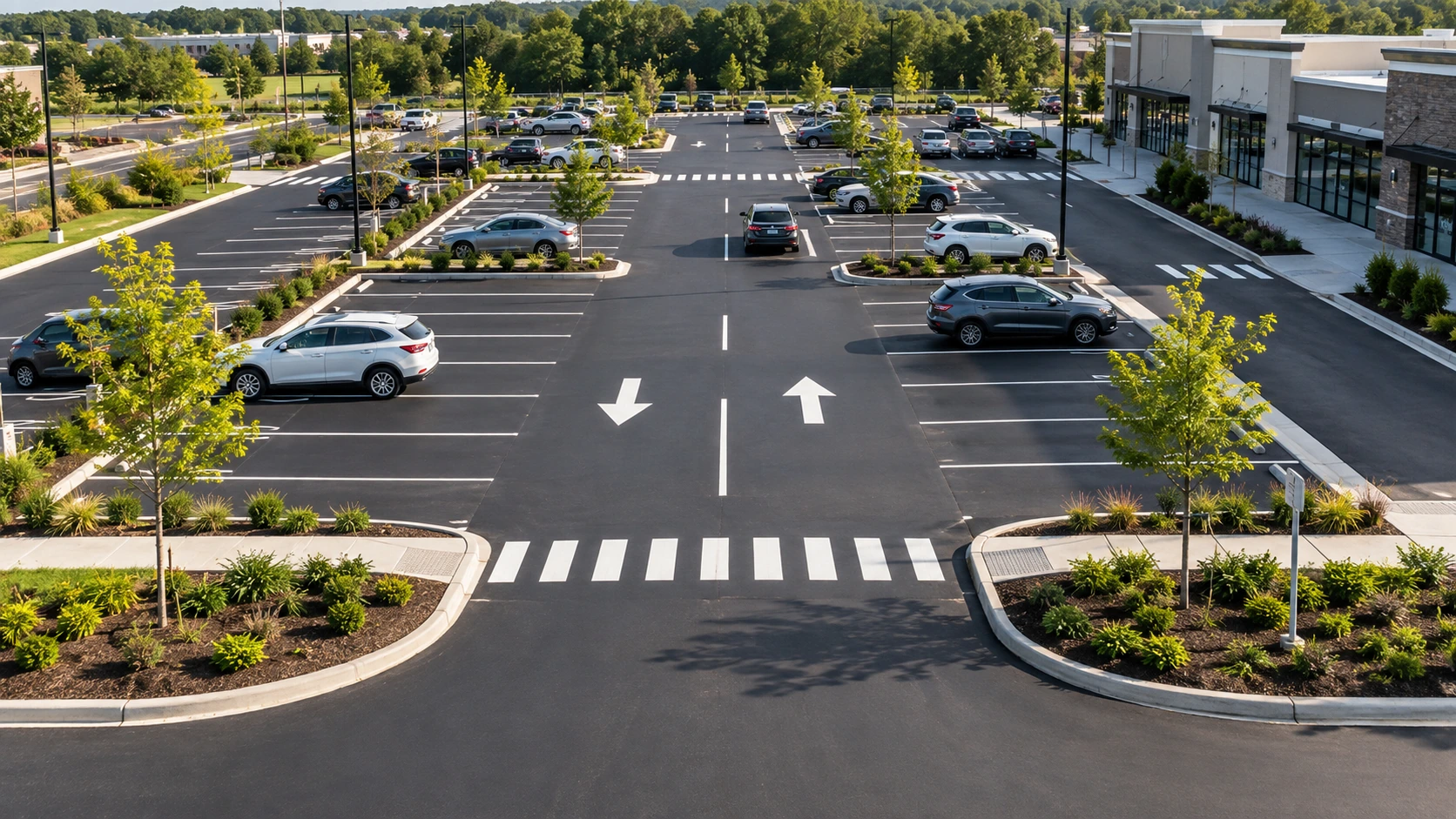 Commercial parking lot with clearly marked traffic lanes, directional arrows, crosswalks, and organized parking spaces