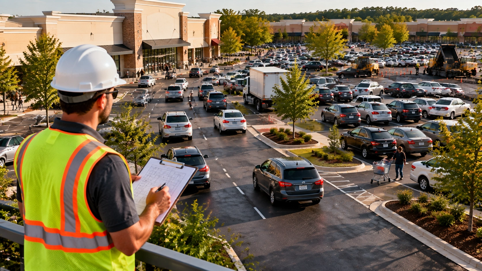 Construction professional reviewing traffic patterns in a busy shopping center parking lot