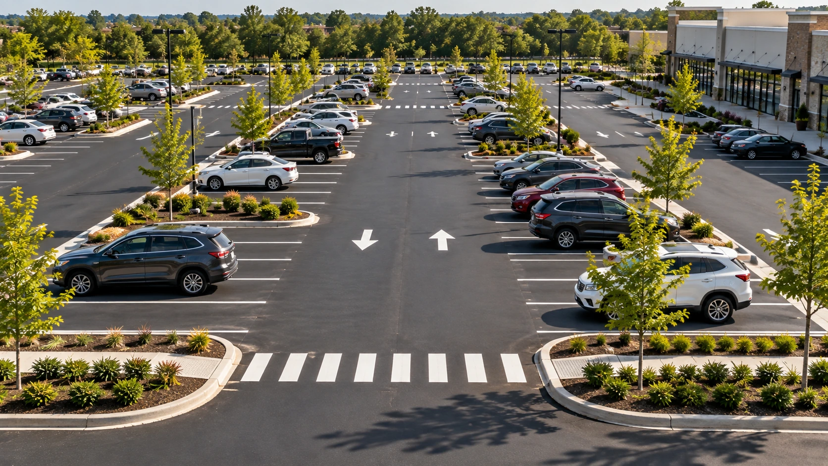 Organized commercial parking spaces arranged around wide traffic aisles and landscaped islands