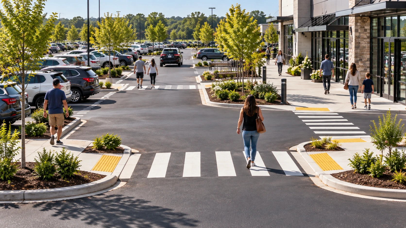 Pedestrians using marked crosswalks and sidewalks through a commercial parking lot