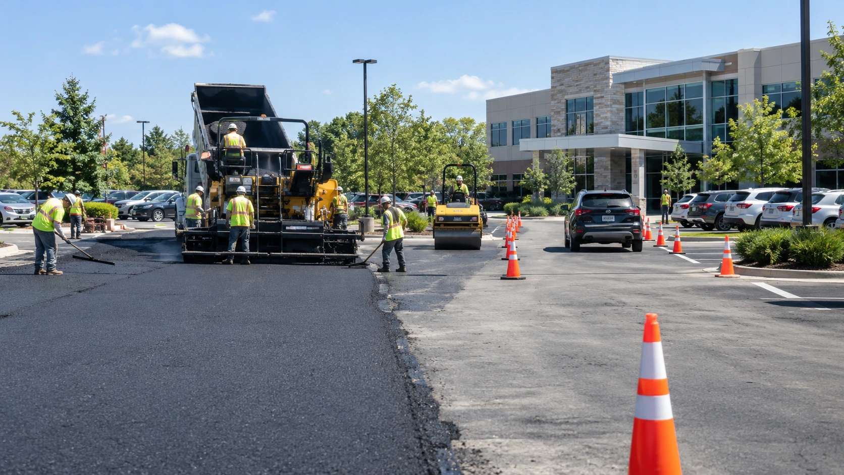 Asphalt paving crew working on a commercial parking lot while maintaining site access