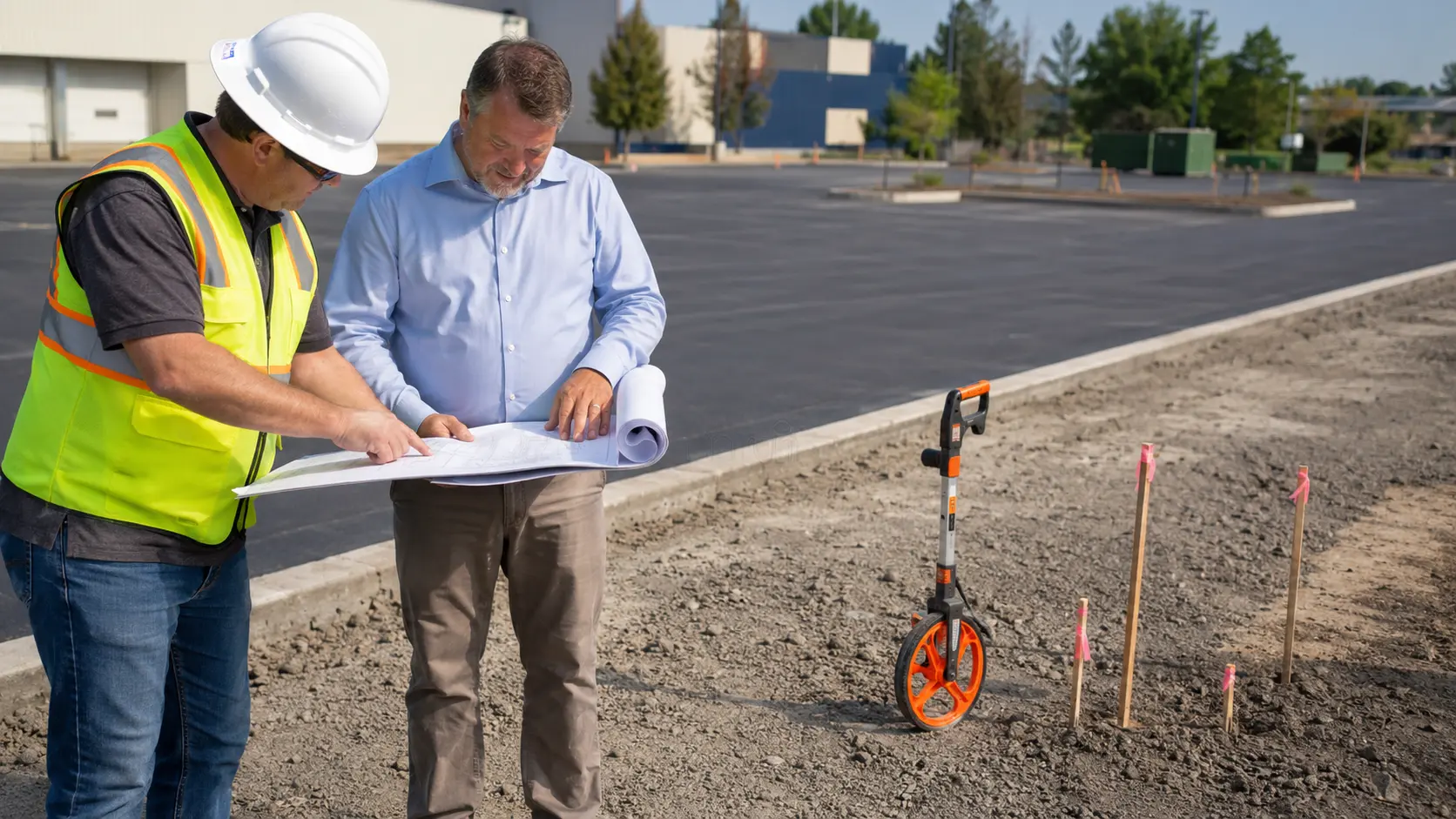Contractor and property owner reviewing plans at a paving site