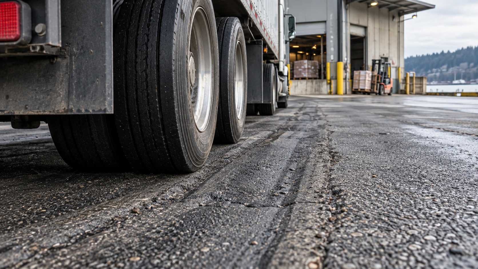 Close view of heavy truck wheels over worn asphalt near a loading dock