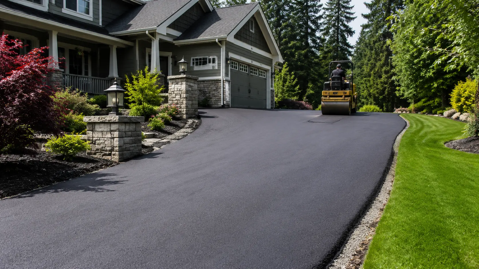 Newly paved asphalt driveway leading to a residential home