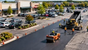 Aerial view of a retail parking lot being resurfaced while customers continue using other areas