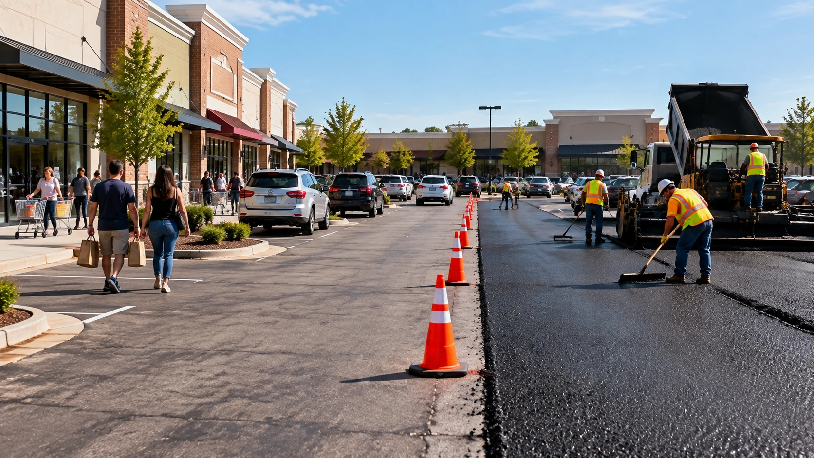 Asphalt paving crew working beside an active retail parking area with customers nearby