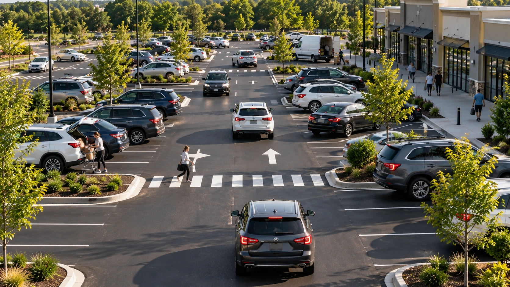 Busy commercial parking lot with vehicles, pedestrians, crosswalks, and everyday traffic movement