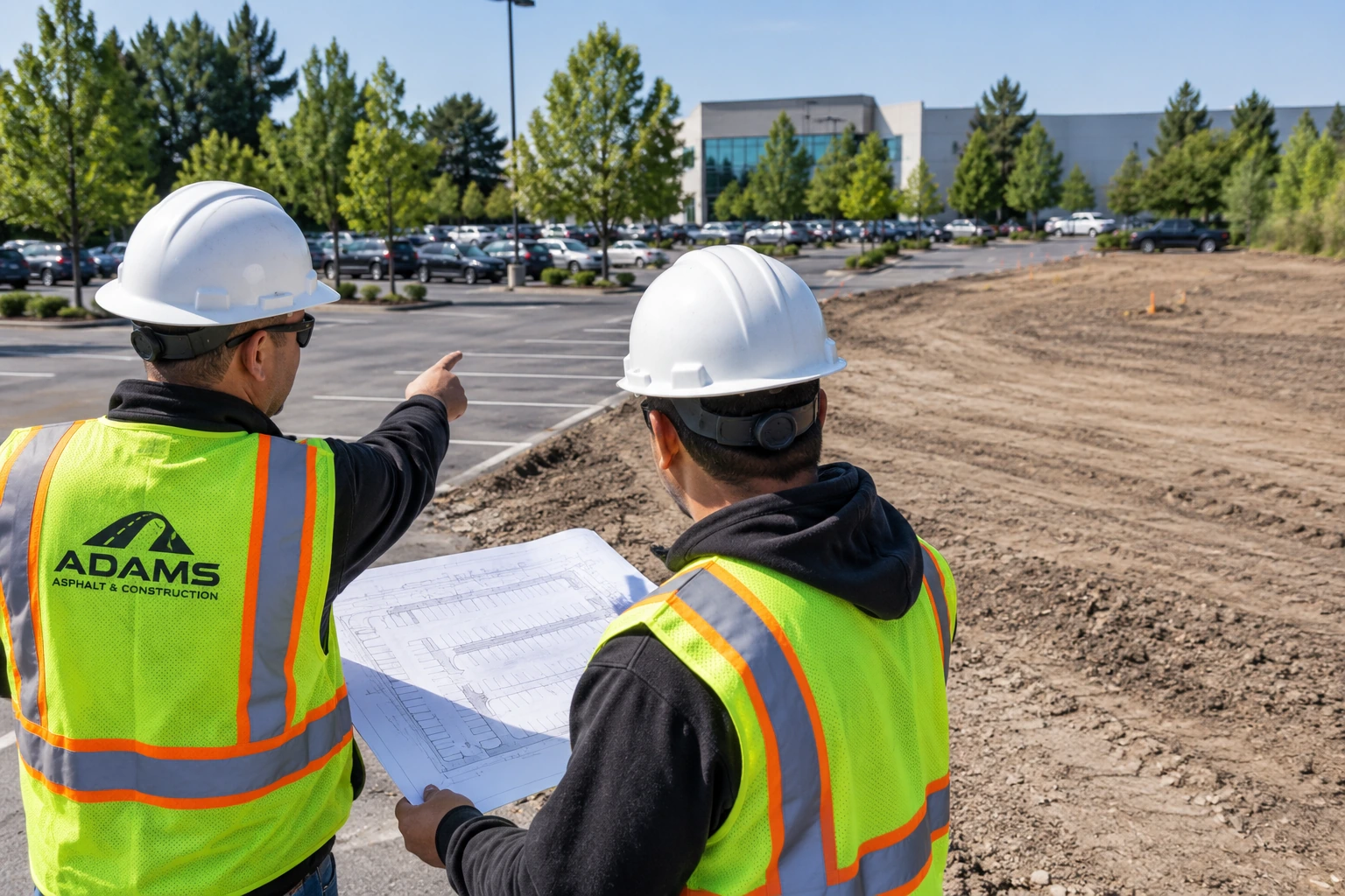 Construction professionals reviewing a commercial parking lot expansion site before planning new pavement