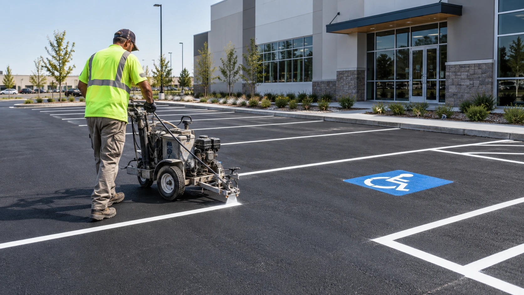 Worker applying parking lot striping lines on fresh asphalt pavement