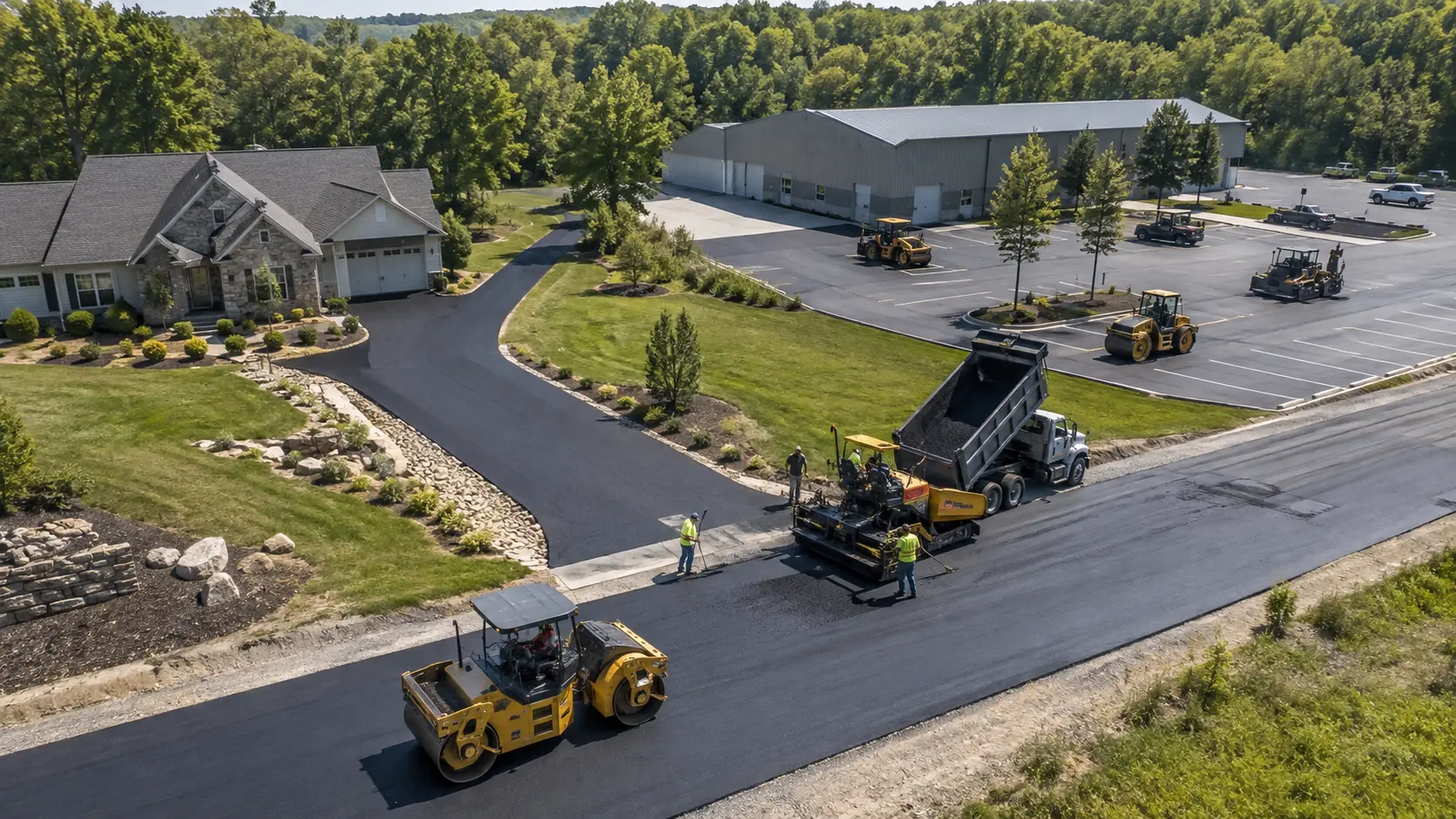 Asphalt paving equipment working across residential and commercial areas