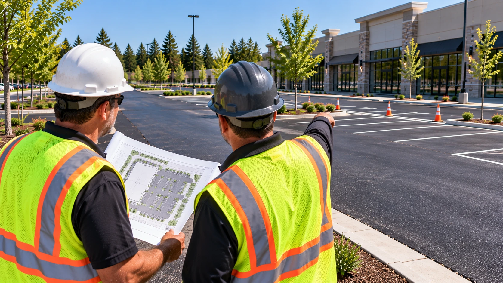 Construction team inspecting a commercial parking lot access plan