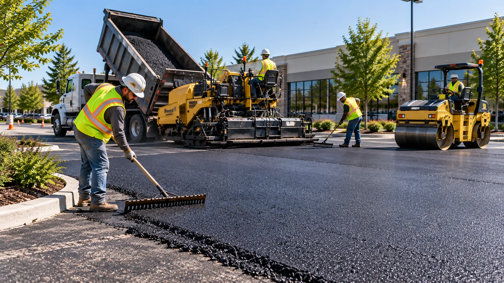 Asphalt paving crew working on a commercial parking area with organized traffic flow