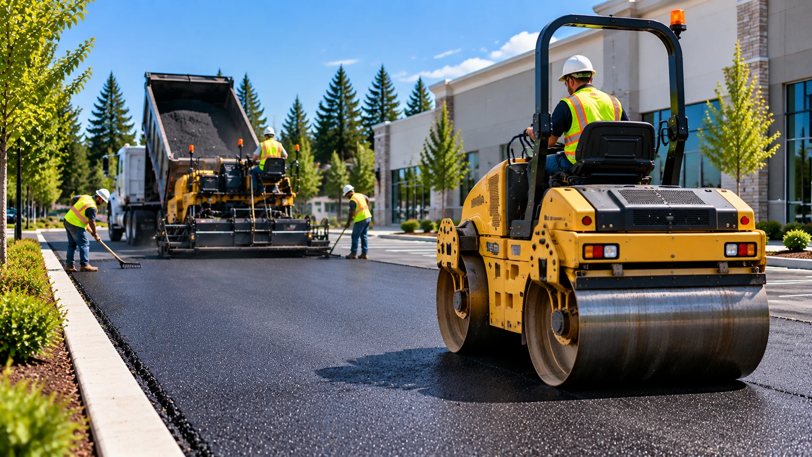 Asphalt paving crew adjusting construction work during a commercial project