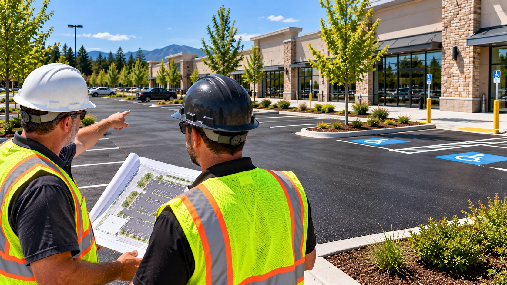 Commercial paving project with contractors reviewing parking lot construction progress