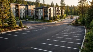 Freshly paved and striped HOA parking lot in front of apartment buildings with a roller finishing the final lane