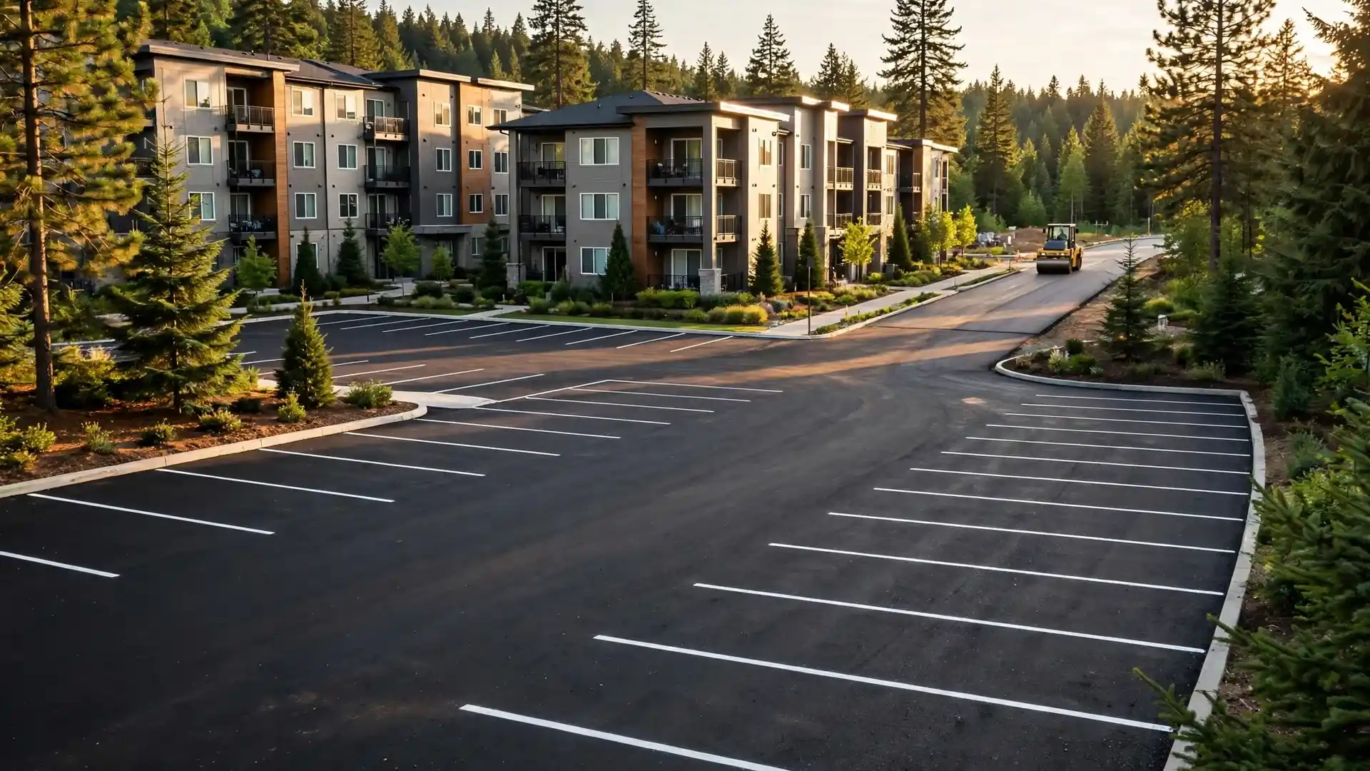 Freshly paved and striped HOA parking lot in front of apartment buildings with a roller finishing the final lane