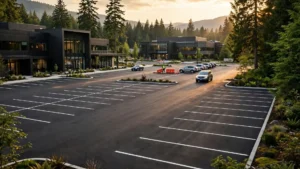 Cars returning to a newly paved commercial parking lot at golden hour while a crew member removes traffic barriers