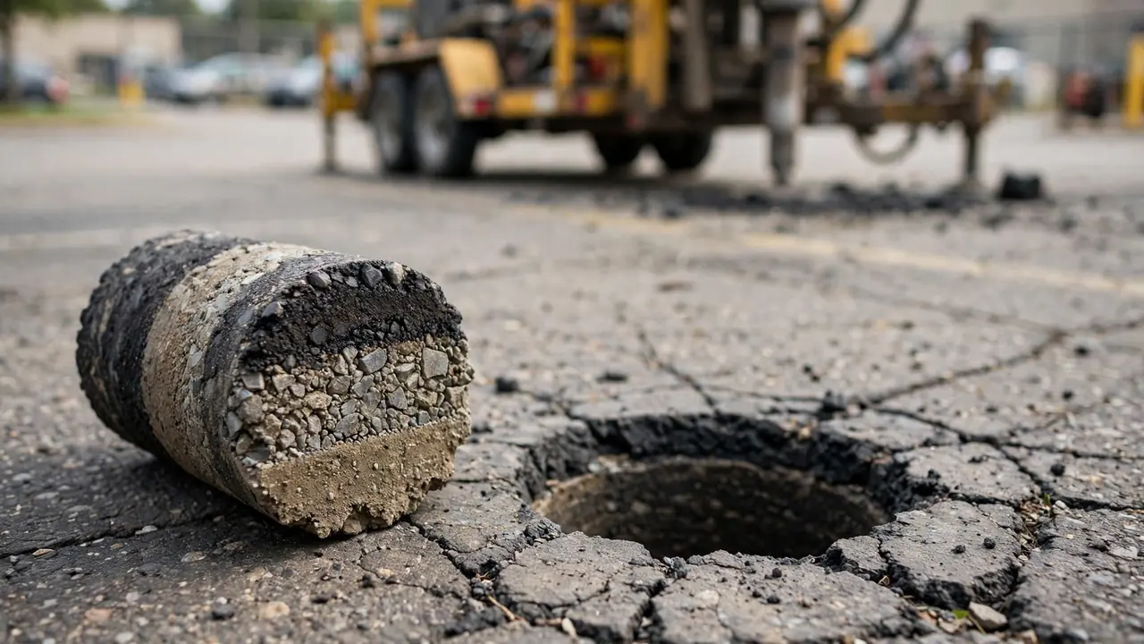 Asphalt core sample beside a core hole showing pavement layer thickness