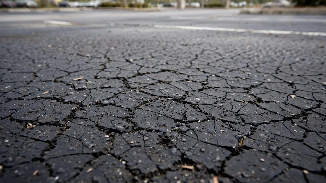Close-up of alligator cracking pattern on an asphalt parking lot surface