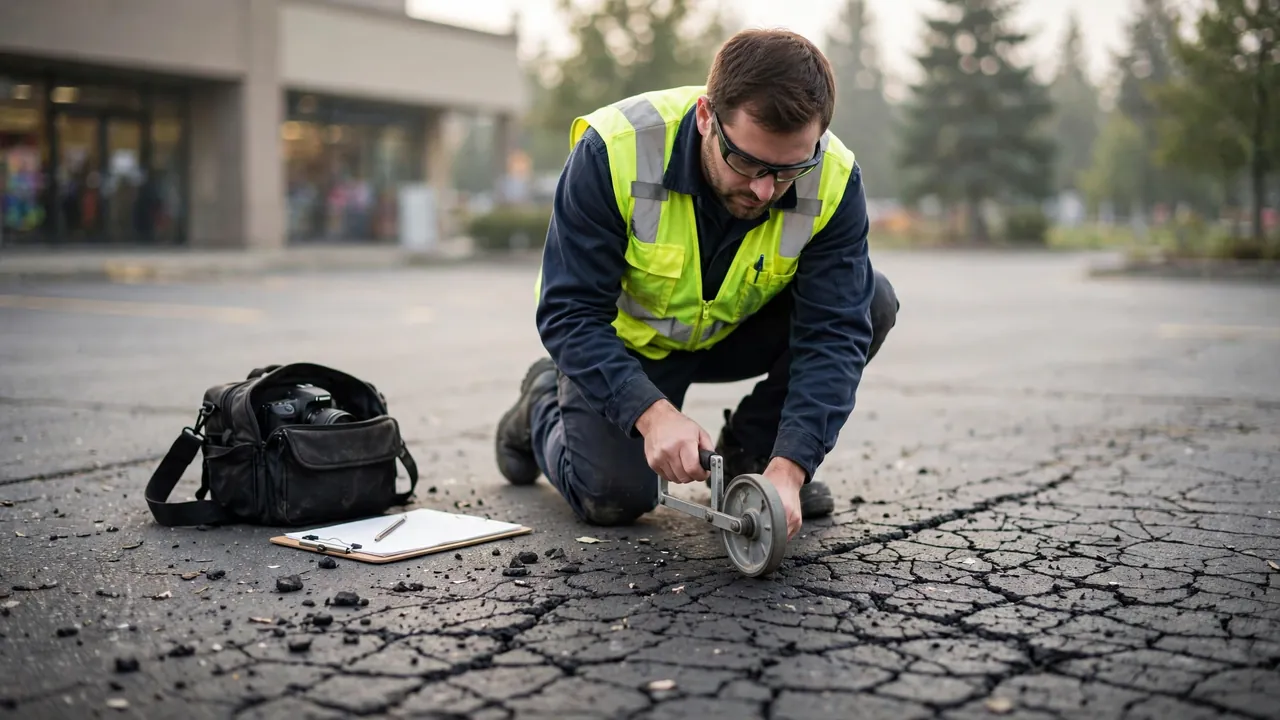 Pavement assessor measuring an interconnected crack pattern in a commercial parking lot