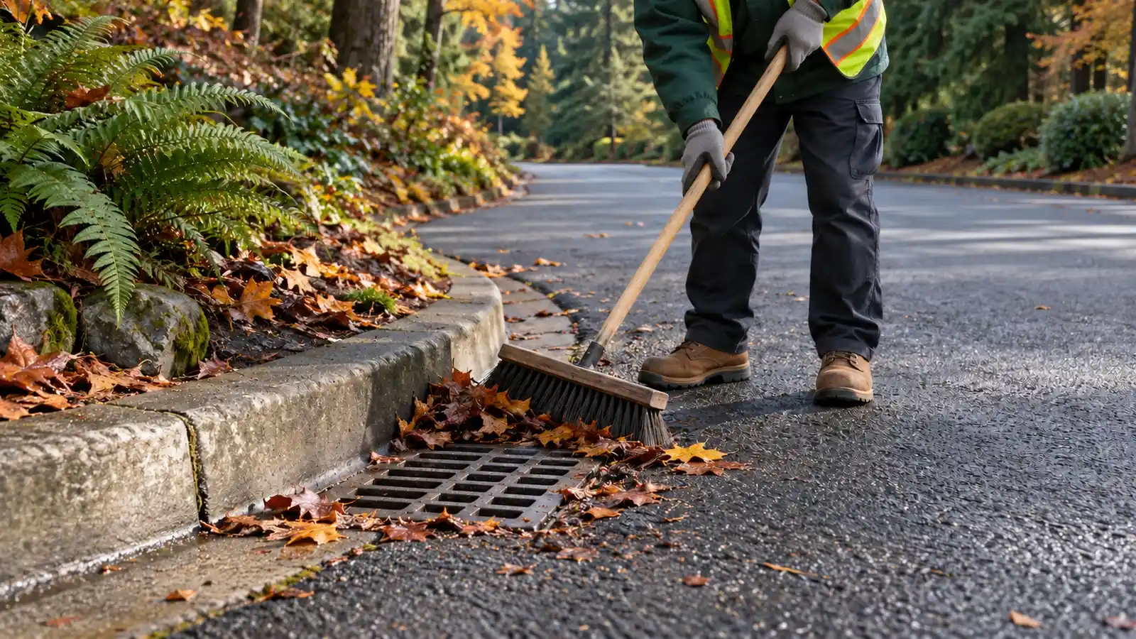 Worker sweeping fallen leaves away from a storm drain beside an asphalt roadway