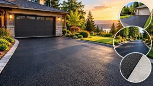 Newly paved residential asphalt driveway outside a modern home with examples of driveway paving and asphalt vs concrete surfaces