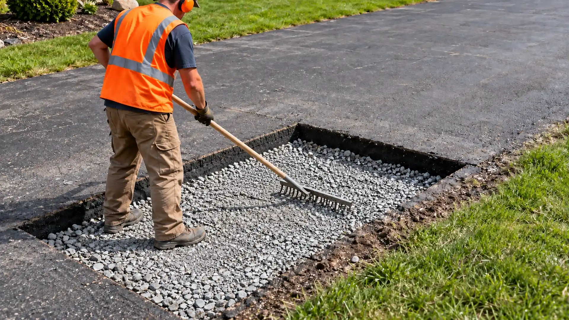 Worker leveling aggregate inside a saw-cut asphalt edge repair beside a grassy verge.