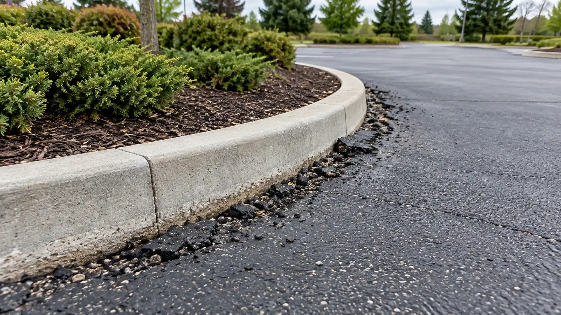Crumbling asphalt along a curved concrete curb beside a landscaped parking lot island.