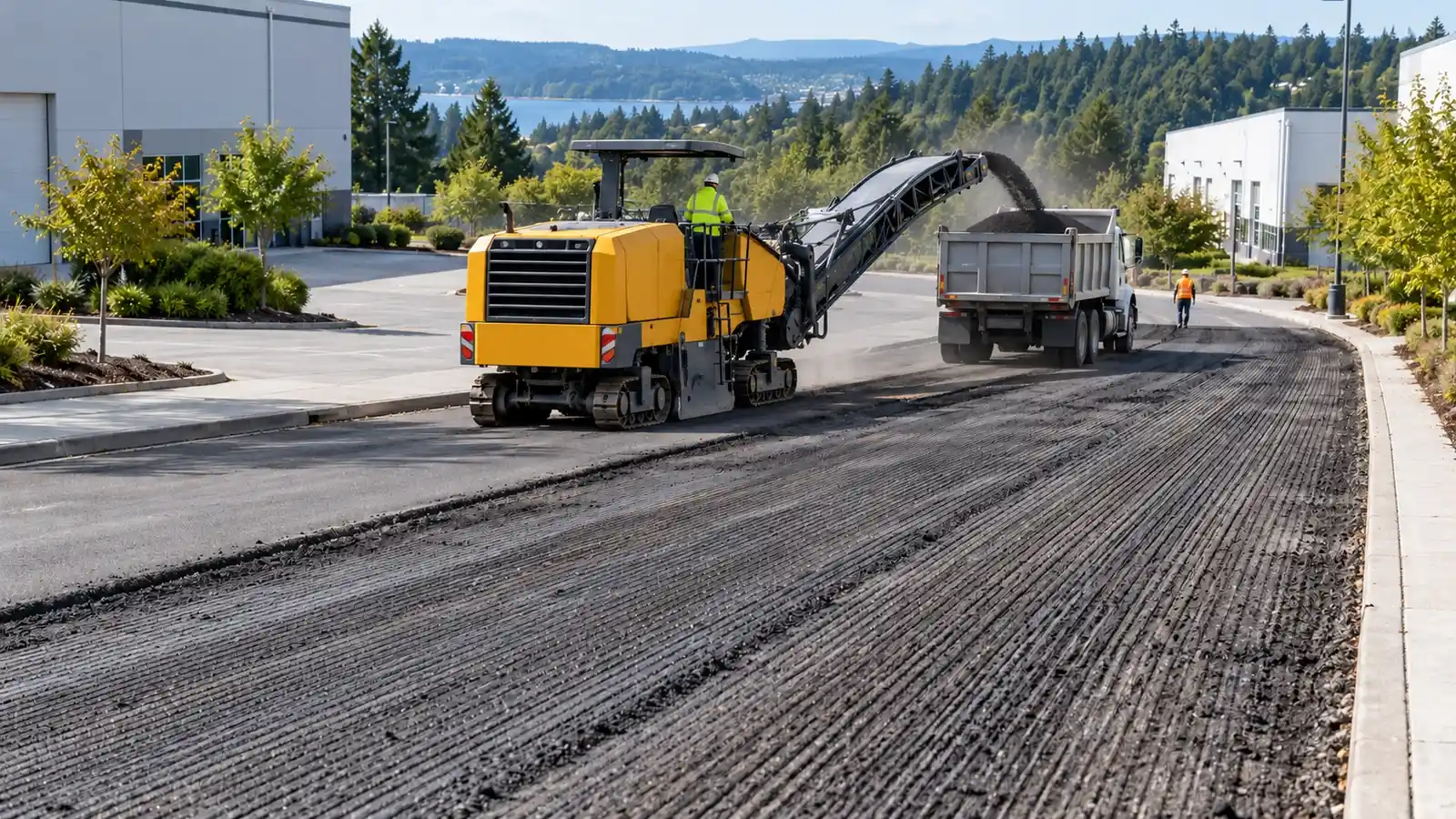 Cold milling machine removing asphalt and loading a dump truck on an industrial access road