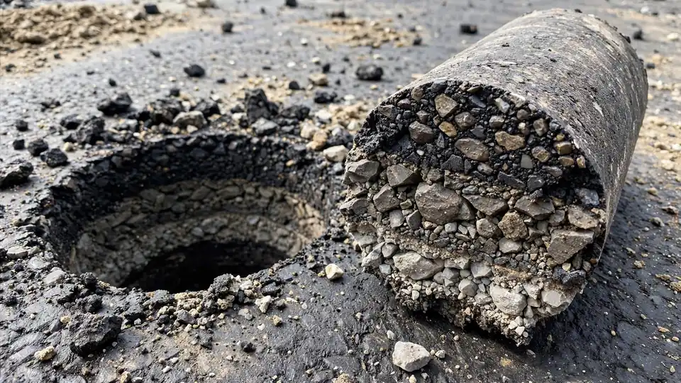 Extracted asphalt core showing pavement layer cross-section