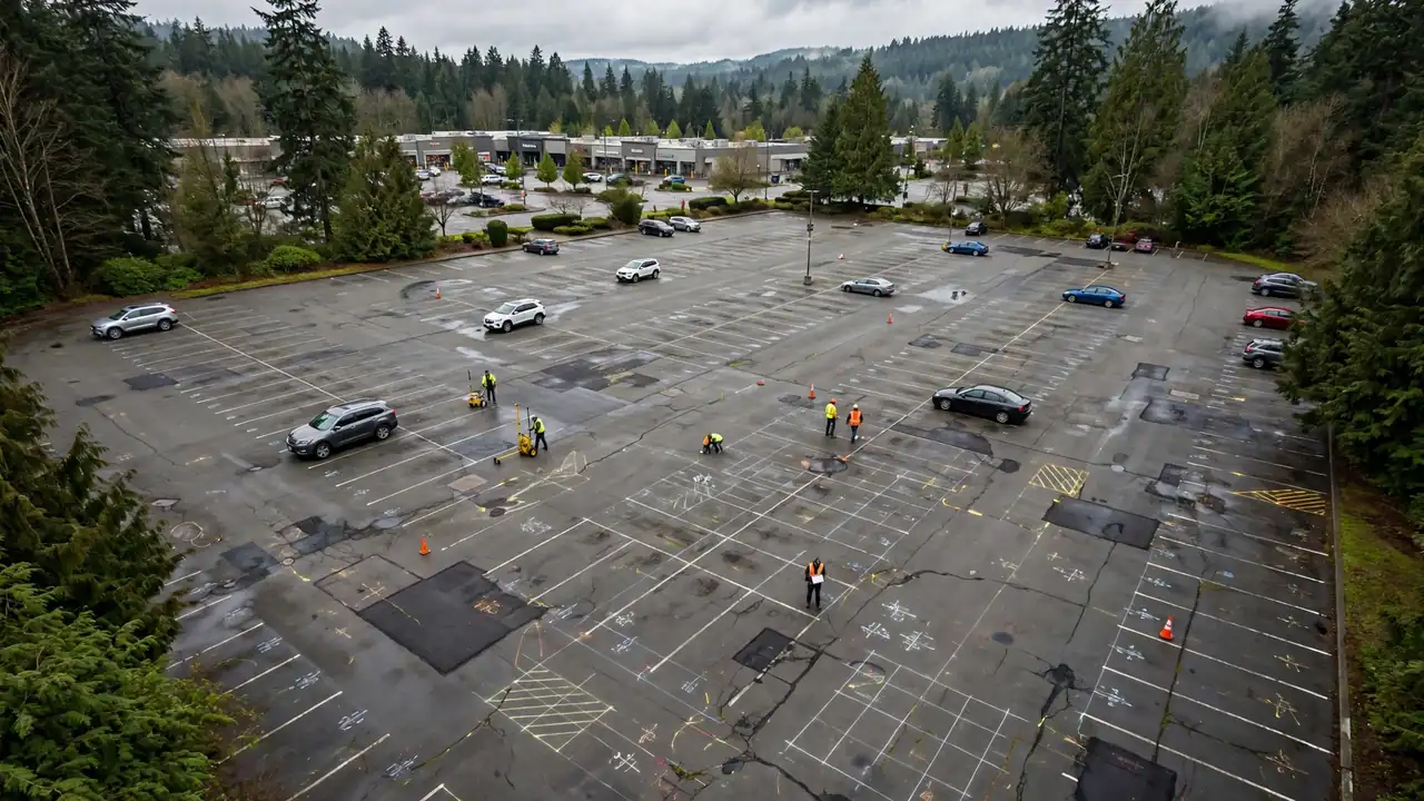 Aerial view of a commercial parking lot during a pavement condition assessment