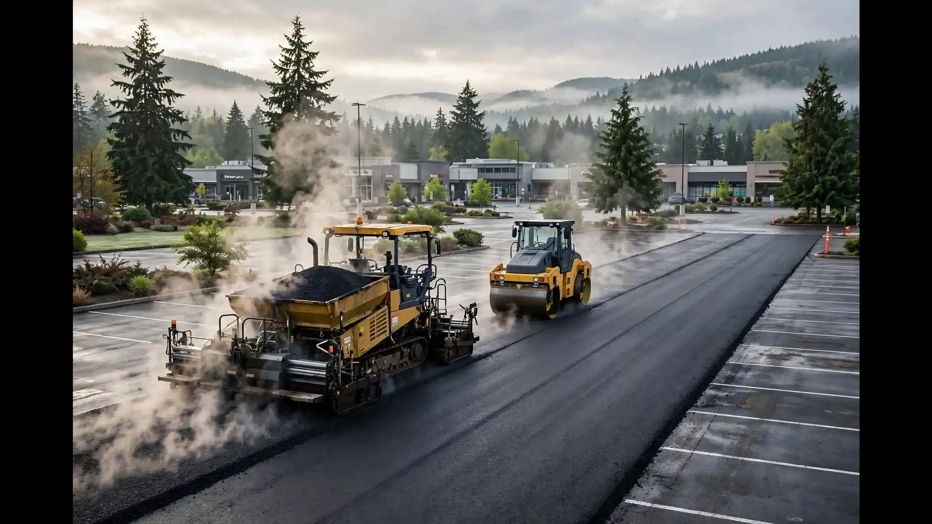 An asphalt paver laying hot mix with a roller compacting behind it on a commercial parking lot