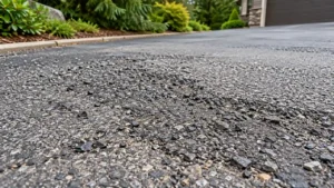 Loose aggregate and shallow pits on a weathered asphalt driveway.