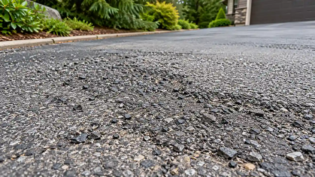 Loose aggregate and shallow pits on a weathered asphalt driveway.
