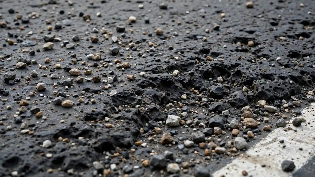 Close-up of raveled asphalt surface with loose aggregate stones