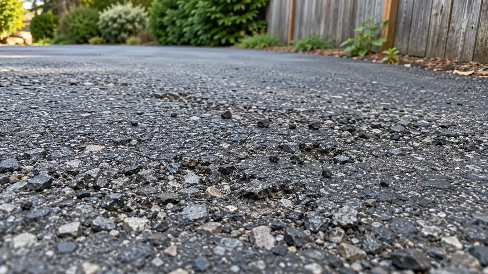 Loose aggregate and shallow pits on a weathered asphalt driveway