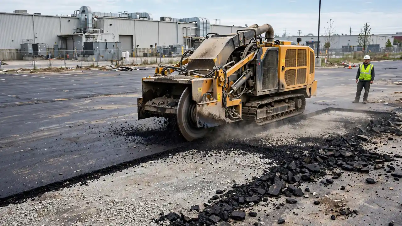 Milling machine removing a failed asphalt surface layer from a parking lot