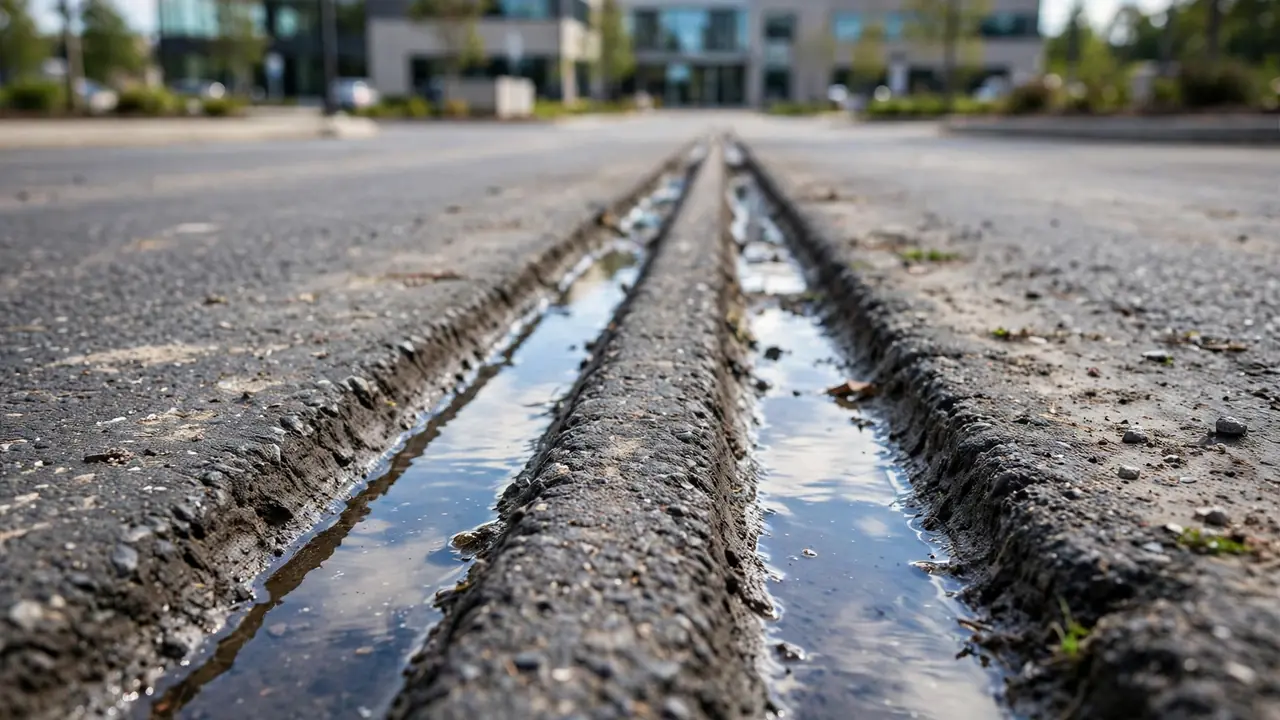 Wheel-path ruts with standing water in an asphalt commercial driveway