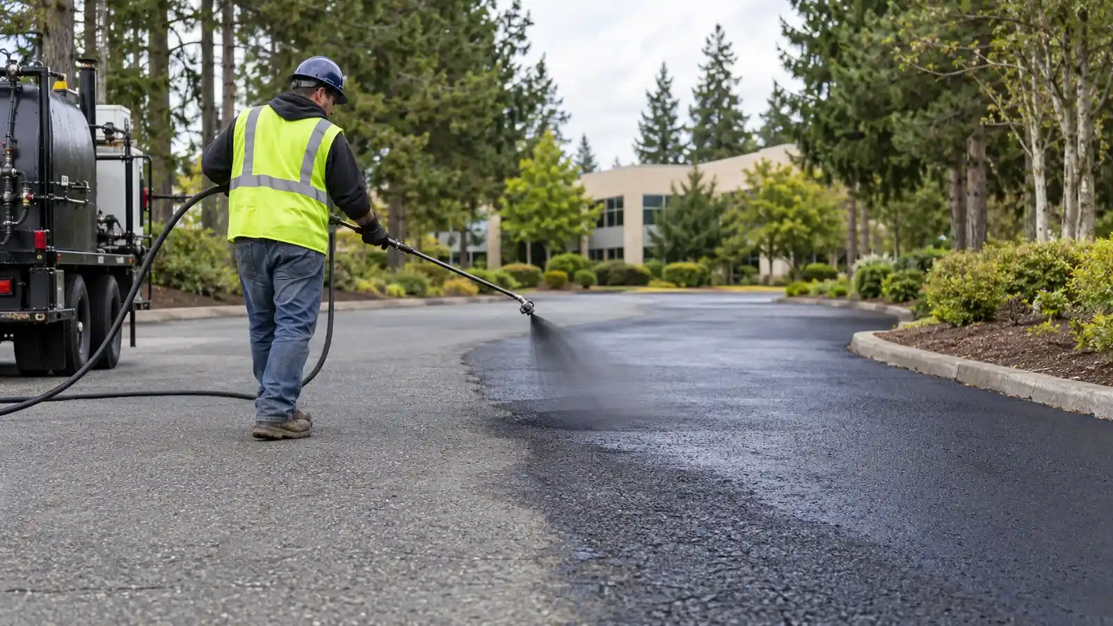 Worker spraying an asphalt surface treatment on a business park access lane
